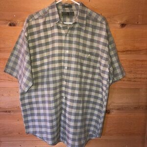 Robert Stock short sleeve plaid button front golf shirt cream/sage/gray